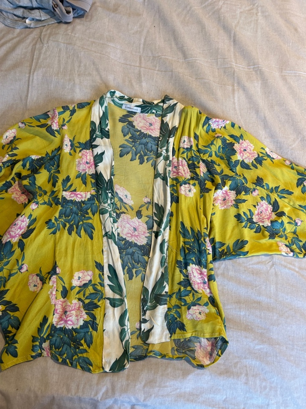 Anthropologie Floral Open Front Kimono Jacket in Mustard Green and Pink